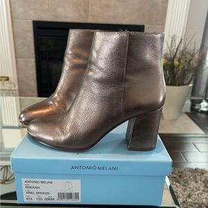 ANTONIO MELANI Metallic Bronze Leather Block Heel Ankle Boots